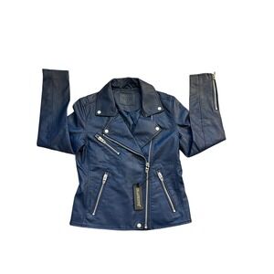 BlankNYC Navy Blue Vegan Leather Moto Jacket Faux Biker Coat Womens S